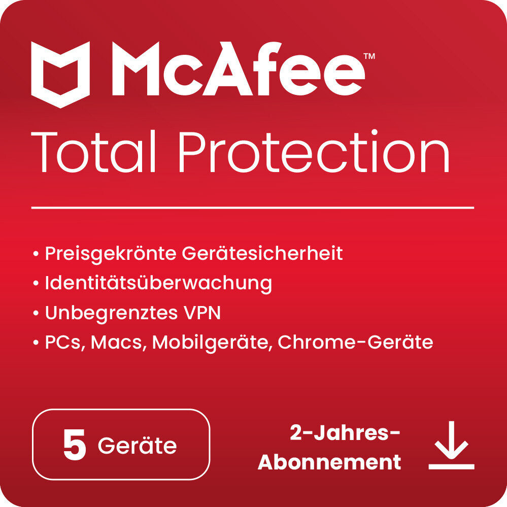 McAfee Total Protection + VPN | 5 Geräte | 2 Jahre | stets aktuell | Key in 5 Min. | ESD