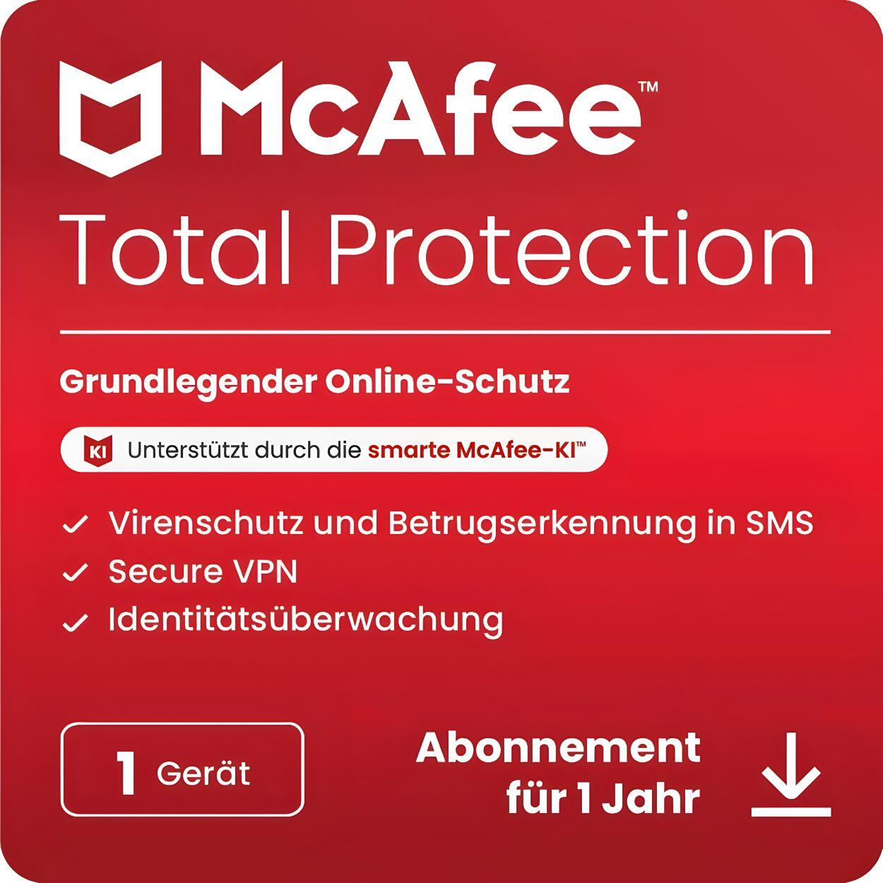 McAfee Total Protection + VPN | 1 Gerät | 1 Jahr | stets aktuell | ESD